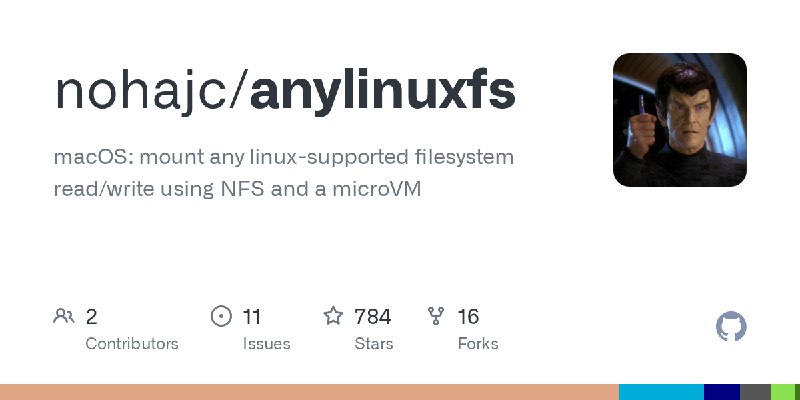 GitHub - nohajc/anylinuxfs: macOS: mount any linux-supported filesystem read/write using NFS and a microVM