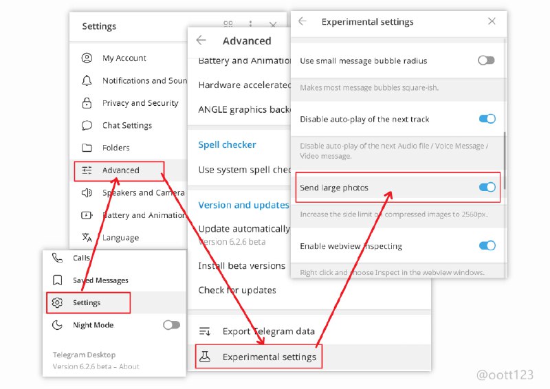 如果你在用 Telegram Desktop ，可以花 30 秒检查一下这个开关：侧栏打开 Settings ，找到 Advanced 页面最下方的 Experimental Settings 页面中部的 Send large photos 开关是否打开了